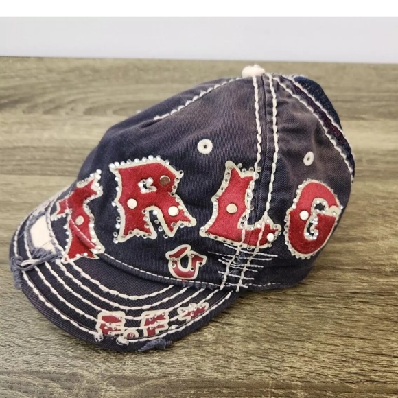 Vintage TRUE RELIGION Women's Distressed Cap Hat Short Bill Rhinestones Blue - Picture 2 of 6